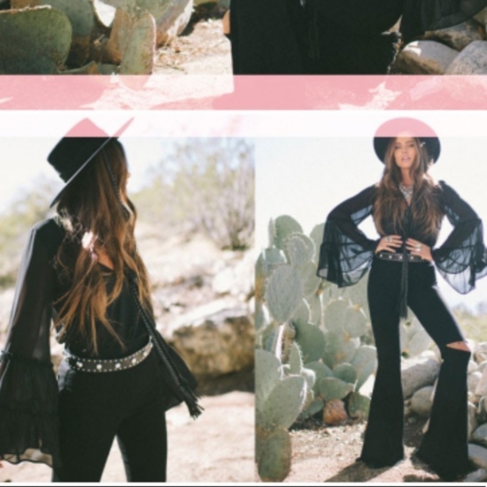 Show Me Your Mumu Nicolette Sheer Black Blouse Wide Sleeve Boho Western XS - Picture 3 of 8